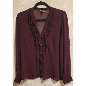 Worthington Ruffled V-Neck Long Sleeve Polyester Blouse Women Burgundy Large